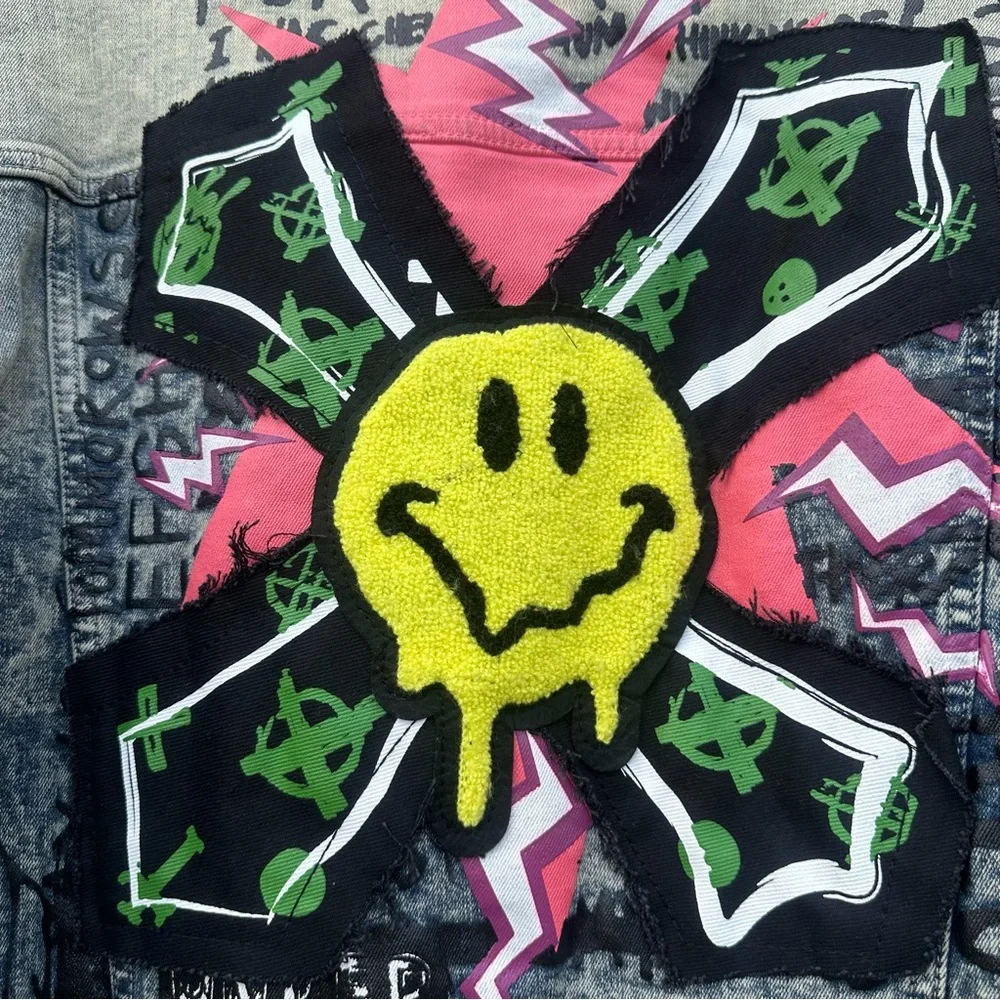 Smoke Rise Denim Jean Jacket Graffiti Streetwear‎ Distressed Stretch Men’s Large